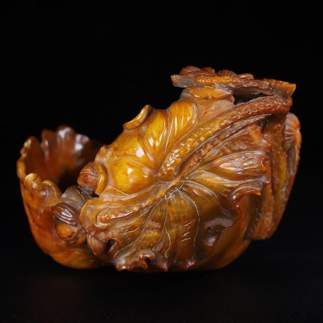 Chinese Carved Horn Brush Washer With Lotus Motif For Sale - Image 3 of 9