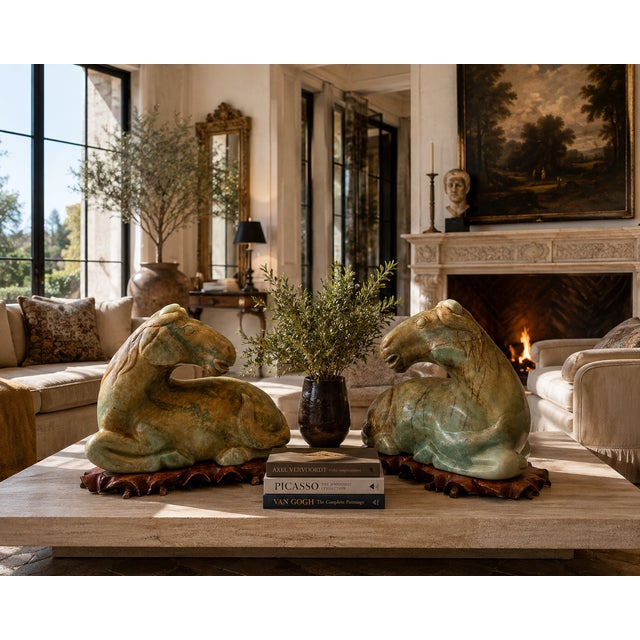 Late 20th Century Carved Hardstone Reclining Horse Sculptures on Organic Wood Bases - a Pair For Sale - Image 17 of 17