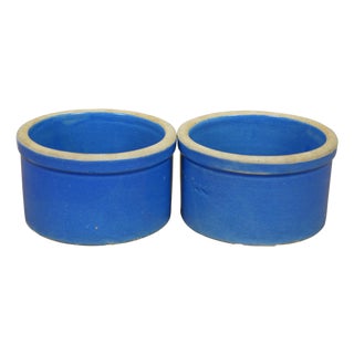 2 Vintage Blue Stoneware Pottery Butter Crock Pots Planter Jars 5" For Sale