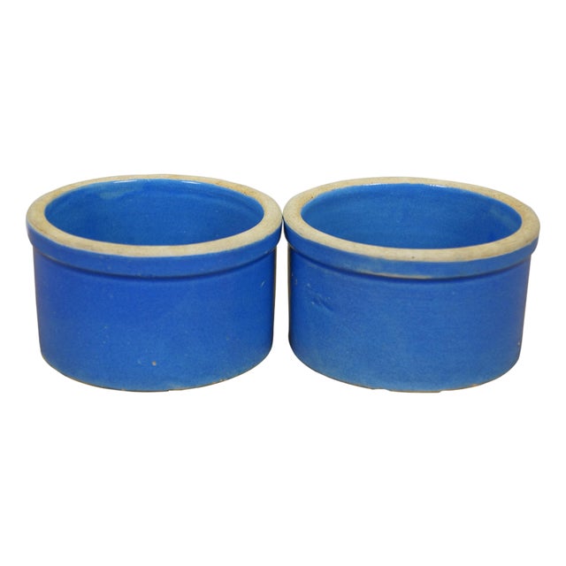 2 Vintage Blue Stoneware Pottery Butter Crock Pots Planter Jars 5" For Sale