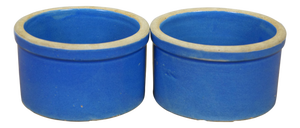2 Vintage Blue Stoneware Pottery Butter Crock Pots Planter Jars 5"