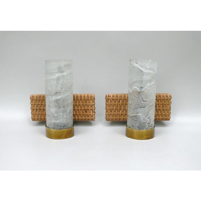 Mid-Century Modern Wall Lights in Ice Glass, Rattan & Brass from Doria Leuchten, 1960s, Set of 2 For Sale - Image 3 of 18