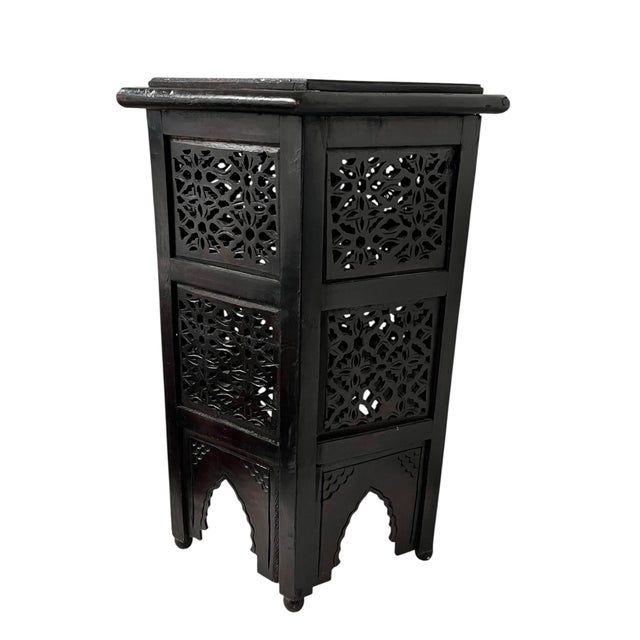 English Vintage Anglo Indian Hexagon Hand Carved Drink Table For Sale - Image 3 of 6