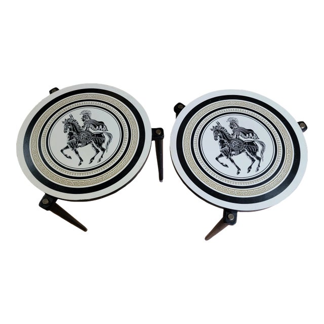 Pair Greek Motif Mid-Century Modern End Tables in the Manner of Piero Fornasetti For Sale