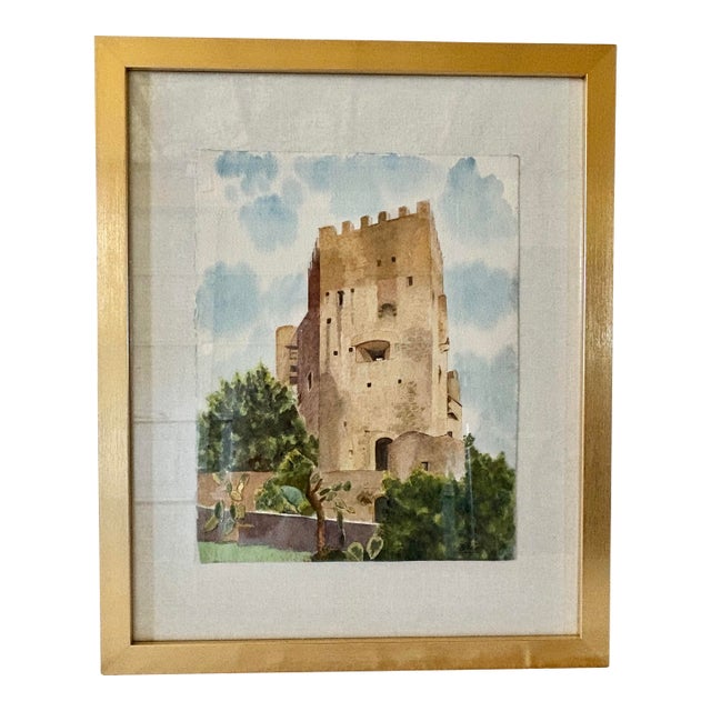 Mid 20th Century Framed French Watercolor Painting of Roquebrune a-M Le Chateau For Sale