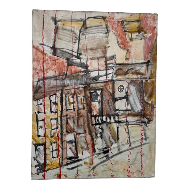 Unsigned Abstract Cityscape Acrylic Canvas Painting For Sale