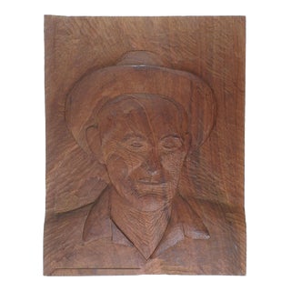 Vintage Folk Art Wood Relief Carving of Old Cowboy For Sale