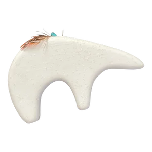 Vintage Navajo Native American Pottery White Bear Ornament With Turquoise & Feather Bundle