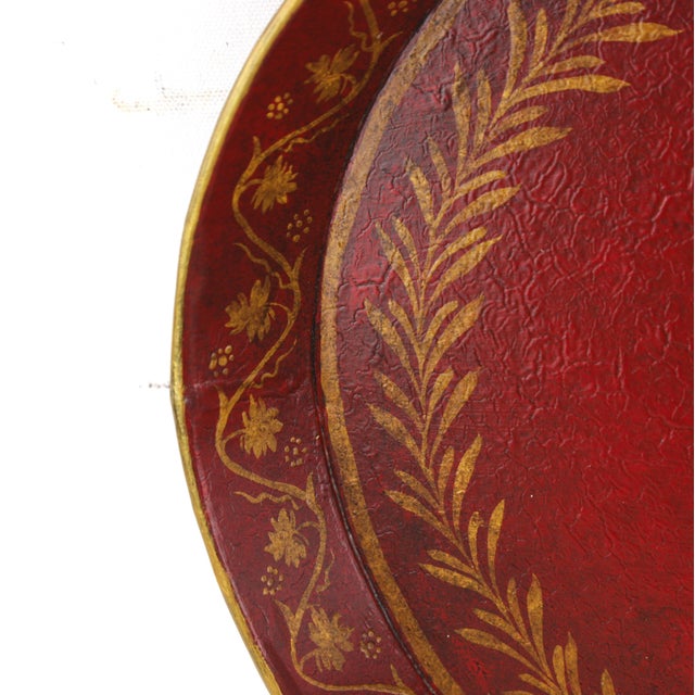 Metal Vintage Handmade Metal Red Tray With Hand-Painted Gold Olive Leaf Wreath For Sale - Image 7 of 11