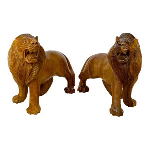 Vintage Large Mahogany African Lion Carved Sculpture Statue - a Pair
