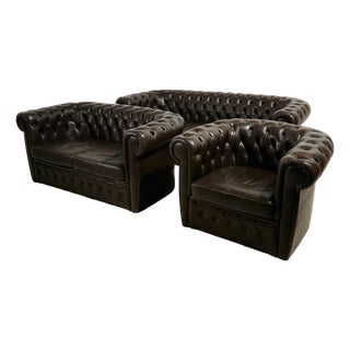 Chesterfield Leather Sofa Set, 1970s, Set of 3 For Sale