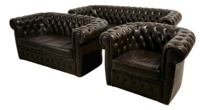 Chesterfield Leather Sofa Set, 1970s, Set of 3