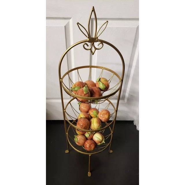Hollywood Regency 1970s Hollywood Regency Gilt Metal 3 Tier Fruit Basket With Italian Ceramic Apples For Sale - Image 3 of 8