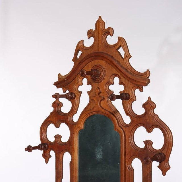 Wood Antique Victorian Gothic Mirrored Walnut Hall Tree With Umbrella Stand C1890 For Sale - Image 7 of 12