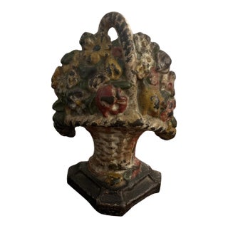 Antique Victorian Cast Iron Painted Floral Bouquet Basket Door Stop For Sale