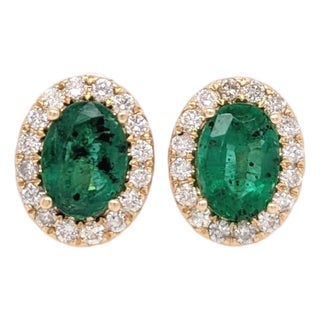 Emerald Stud Earrings With Earth Mined Diamonds Halo: Solid 14k Gold, Oval 7x5mm, A Pair For Sale