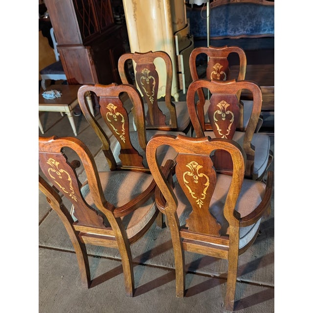 Set of 6 Vintage Gilt-Inlaid Dining Chairs 2 Armchair + 4 Side Chairs With Gold Scrollwork, Cabriole Legs & French Provincial Sty For Sale - Image 15 of 16