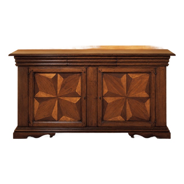 Italian Tuscan Walnut Sideboard With Antique Inlaid Panel Doors For Sale