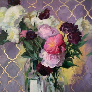 Lattice by Yana Beylinson | Oil on Canvas with Gold Leaf Floral arrangement in a vase For Sale