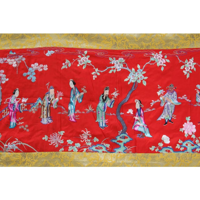 Vintage Chinese Hand Embroidery Long People Gather Scenery Wall Art For Sale - Image 5 of 10