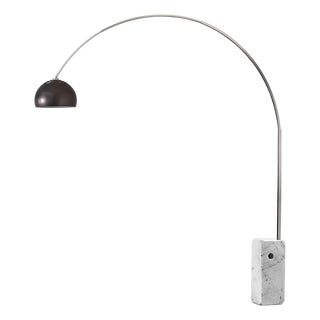 Nova of California Iconic Black Nickel Floor Lamp - 95" Modern Arc Lamp, Half Dome Shade, White Marble Base, Satin Nickel Steel Body For Sale