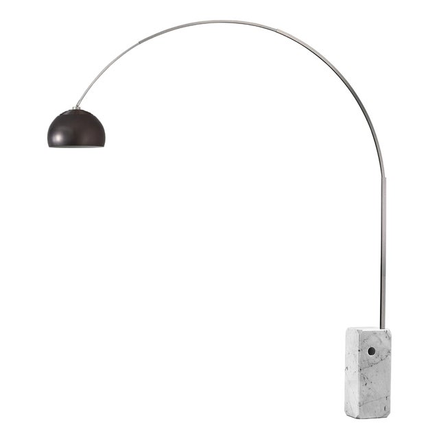 Nova of California Iconic Black Nickel Floor Lamp - 95" Modern Arc Lamp, Half Dome Shade, White Marble Base, Satin Nickel Steel Body For Sale