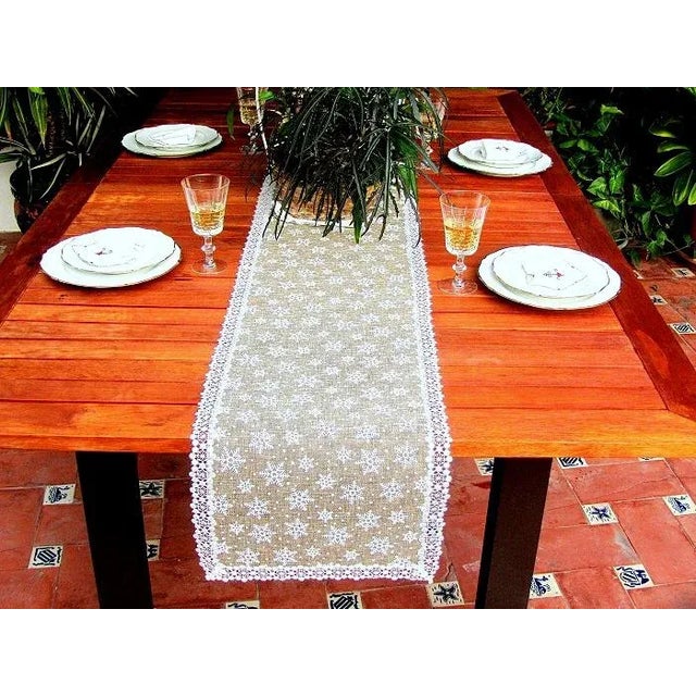 Lace Eco Friendly French Woven Jute Table Runner With Snowflake Chairish