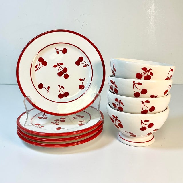 Vintage Art Deco Boho Chic Cherries Jubilee Luncheon Plates & Bowls - Set of 8 For Sale - Image 4 of 12