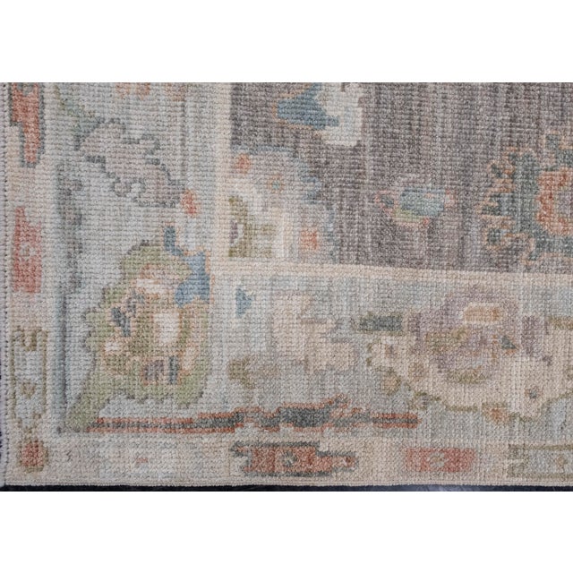 Turkish Oushak Rug Charcoal, Aqua & Coral Hand-Knotted Wool Rug 4' X 6' For Sale In Houston - Image 6 of 9