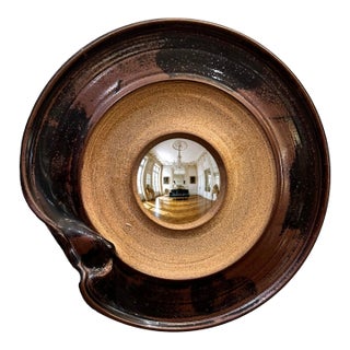 1980's Studio Stoneware Pottery Wall Mirror - Convex For Sale