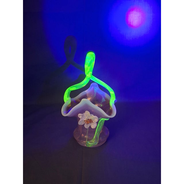 Antique Stevens & Williams Art Glass Basket - Pink Opalescent Cased Glass - Applied Flower & Stem - Uranium Vaseline Glass Handle - Circa 1880s For Sale - Image 15 of 18