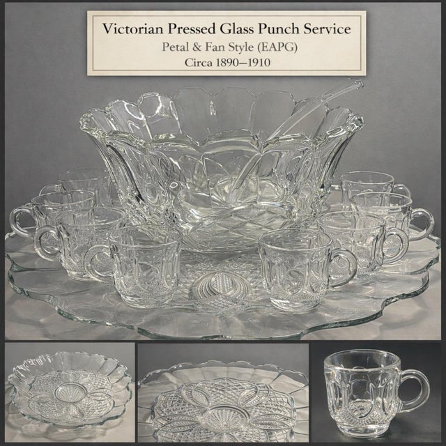 Antique Victorian Early American Pattern Glass (EAPG) Punch Bowl Set Petal & Fan / Peacock & Fan Style | Circa 1890–1910 A...