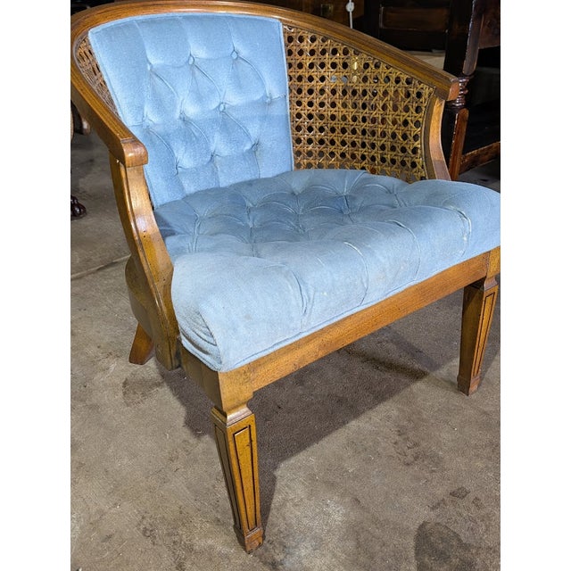 Wood Mid 20th Century Blue Tufted Cane Back Barrel Chair For Sale - Image 7 of 13