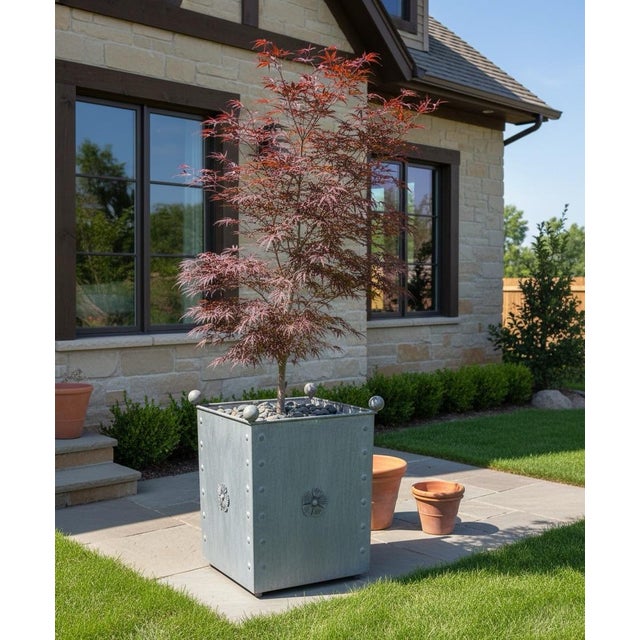 Chrome Steel Planter With Rosette Detail For Sale - Image 8 of 8