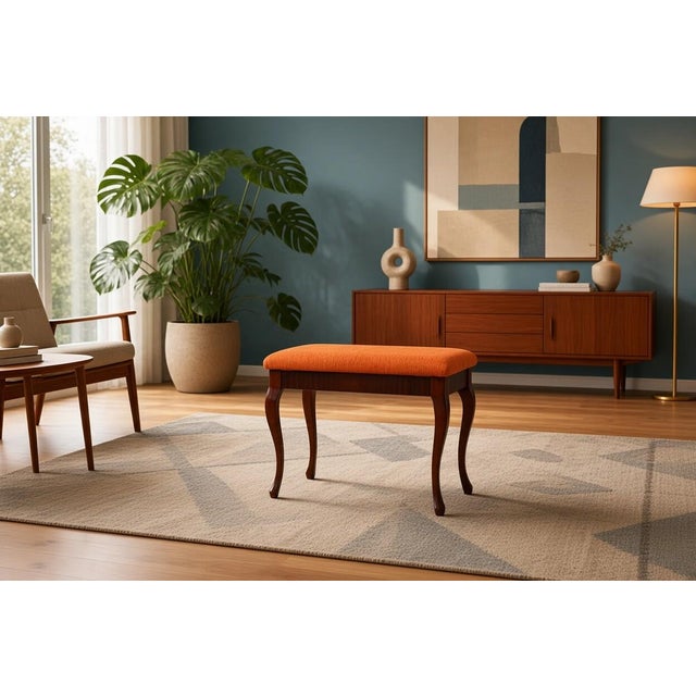 Mahogany Piano Stool in Orange Corduroy with Storage, 1950s For Sale - Image 9 of 10
