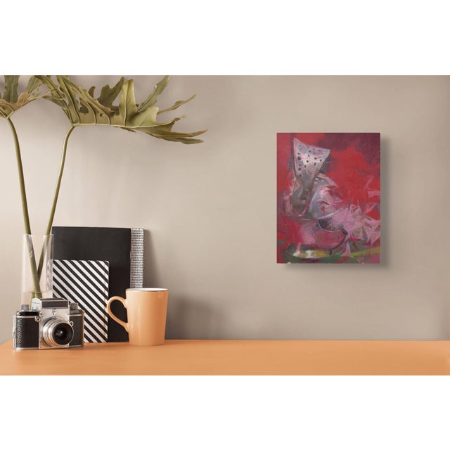 Early 21st Century Memoriam by Elena Burykina | Oil on panel Still life of a knight's helmet with red background For Sale - Image 5 of 5