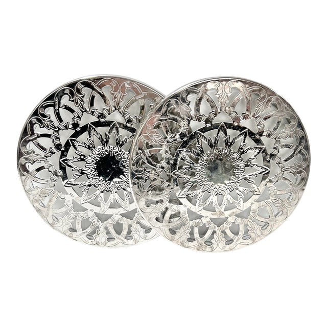1960s Silver-Plated Pierced Trivets With Sunburst Motif – Pair For Sale