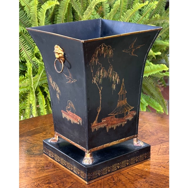 Black & Gold Tole Chinoiserie Cache Pot Waste Basket For Sale - Image 4 of 5