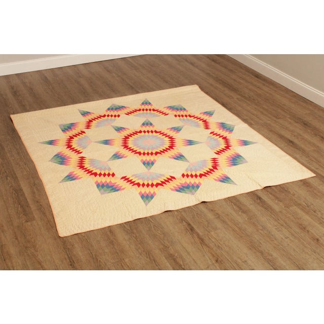 High Quality Vintage 1930s Diamond-Chain Broken Star Quilt with Pastel Colors, From A Local Pennsylvania Estate