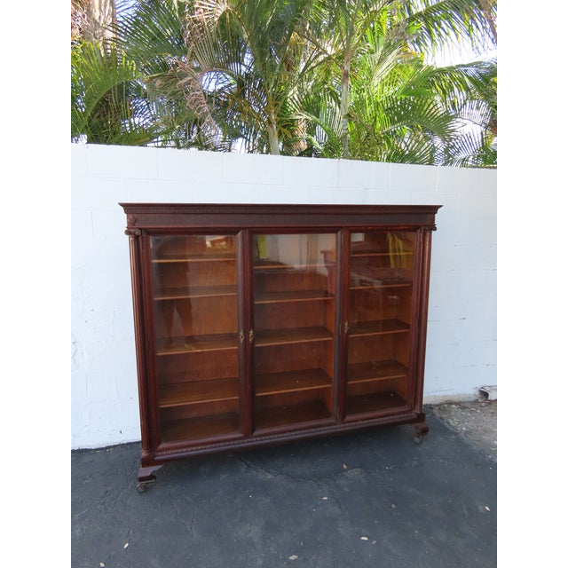 Early 1900s Tiger Oak Long Large China Cabinet Bookcase Cupboard 6583 For Sale In Miami - Image 6 of 18