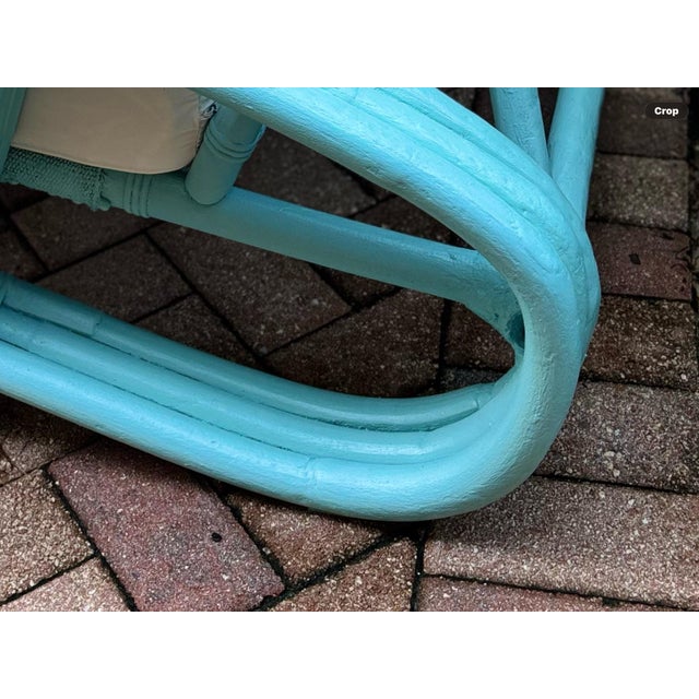 Mid-Century Bamboo Pretzel Sofa in Robin Egg Blue With New Restoration Hardware Outdoor Cushions for a Modern Appeal and Comfort. 3 Sections For Sale - Image 9 of 10