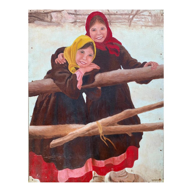 1970s Portrait Little Girl Child Antique Oil Painting Original Soviet Art Ukrainian Artist Unknown 65-50 For Sale
