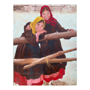 1970s Portrait Little Girl Child Antique Oil Painting Original Soviet Art Ukrainian Artist Unknown 65-50