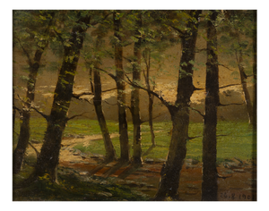 L. Delleani, Forest Interior with Sunlit Clearing, Oil on Panel