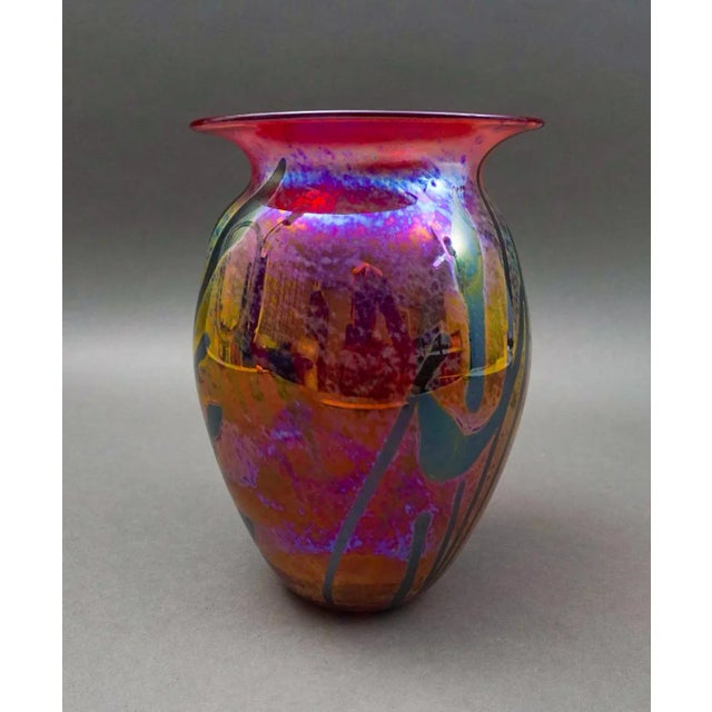Stephen Fellerman Signed Vintage 1980 Iridescent Blown Art Glass Vase. Measures approximately 5 3/4" diameter, 8 1/2" high.
