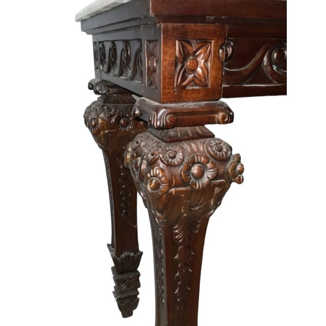 Reproduction Early 1900s Empire / Colonial-Style Hall Table, With Hand-Carved Mahogany & Chatillonais Marble Top For Sale - Image 4 of 4