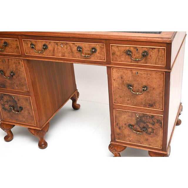 Wood Antique Burr Walnut Pedestal Desk with Leather Top, 1930 For Sale - Image 7 of 9