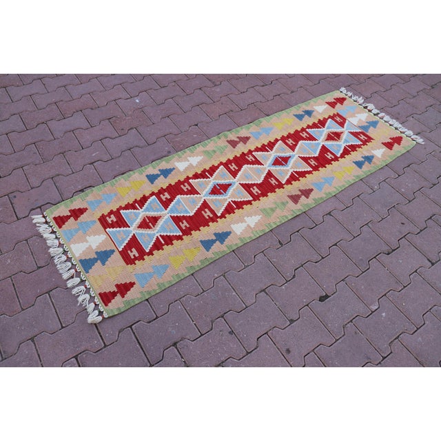 1960s Southwestern Style Hand Knotted Geometric Design Oushak Kilim Runner Rug Size: 2.1 x 6 ft ( 64 x 185 cm) 25 x 72...