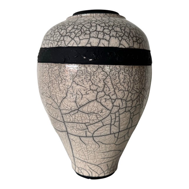 1980s Vintage Black and White Crackled Glazed Studio Pottery Vase For Sale