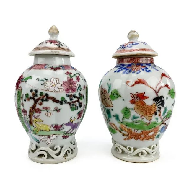 Antique 18th Century Chinese Export Porcelain Tea Caddies Decorated with Rooster and Deer in Famille Rose - A Pair For Sale - Image 9 of 13